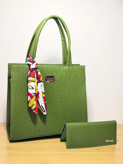 Bolsa de dama REGINA verde croco elegante grande con pañoleta moderna tendencia 2025