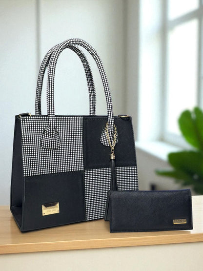 Bolsa dama BRENDA elegante blanca y negra patchwork cuadrícula moderna grande resistente hombro