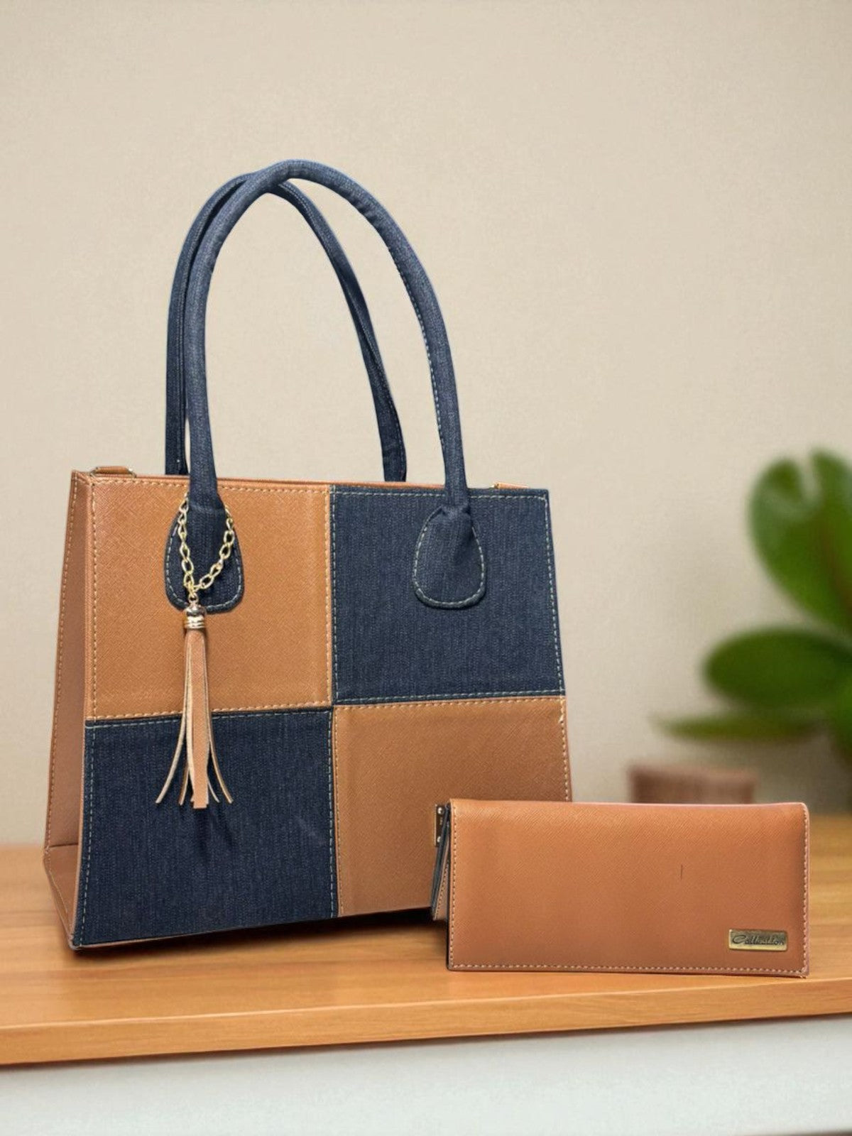 Bolsa dama BRENDA elegante blanca y negra patchwork cuadrícula moderna grande resistente hombro