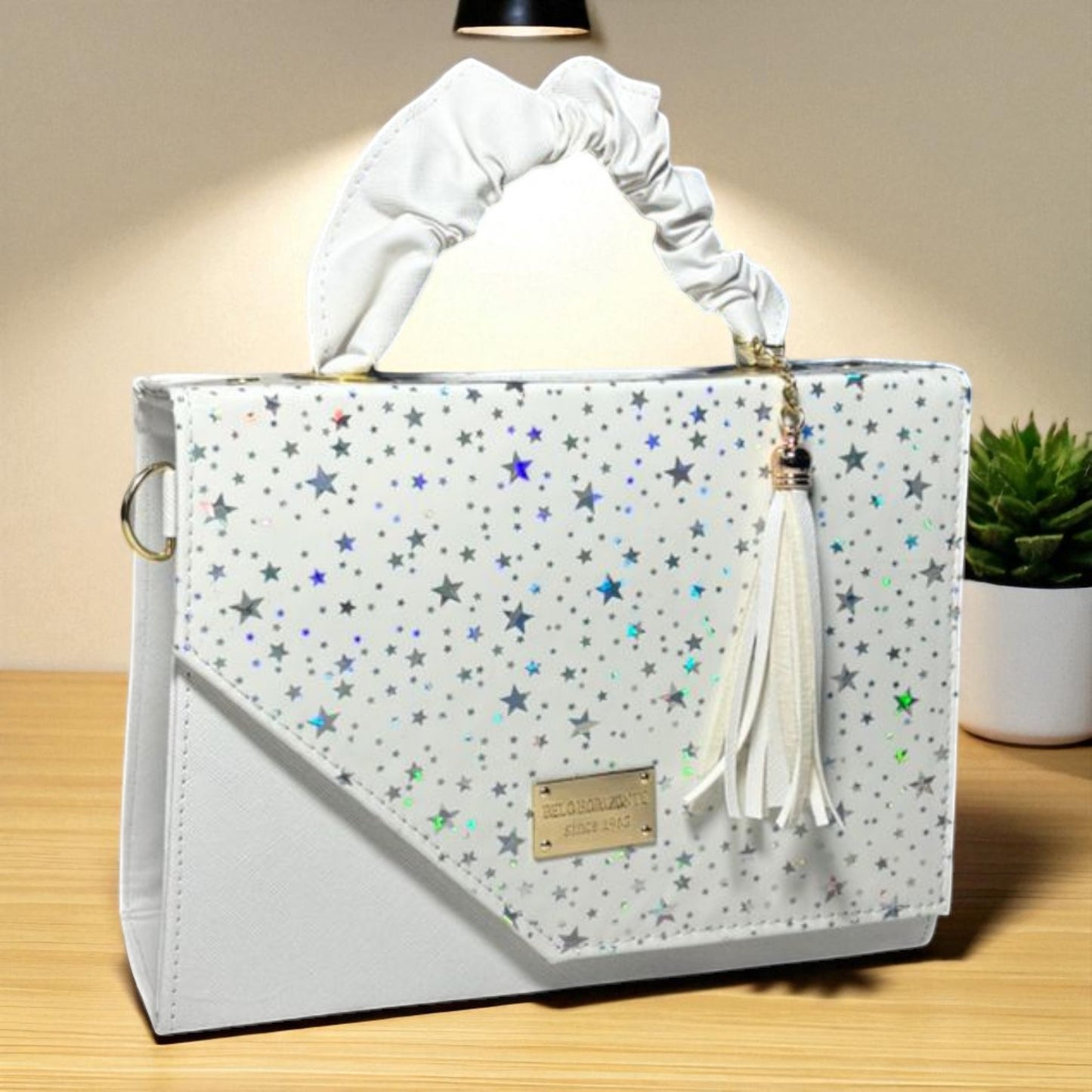 Bolsa holográfica geométrica blanca dama MIRIAM moderna elegante asa scrunchy con cierre