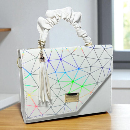 Bolsa holográfica geométrica blanca dama MIRIAM moderna elegante asa scrunchy con cierre