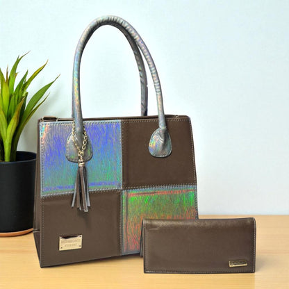 Bolsa dama BRENDA elegante blanca y negra patchwork cuadrícula moderna grande resistente hombro