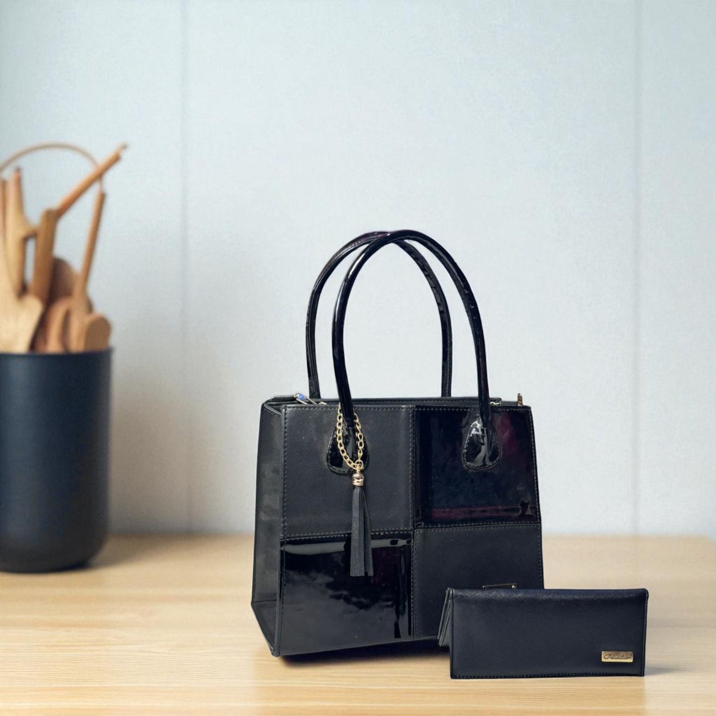 Bolsa dama BRENDA elegante blanca y negra patchwork cuadrícula moderna grande resistente hombro