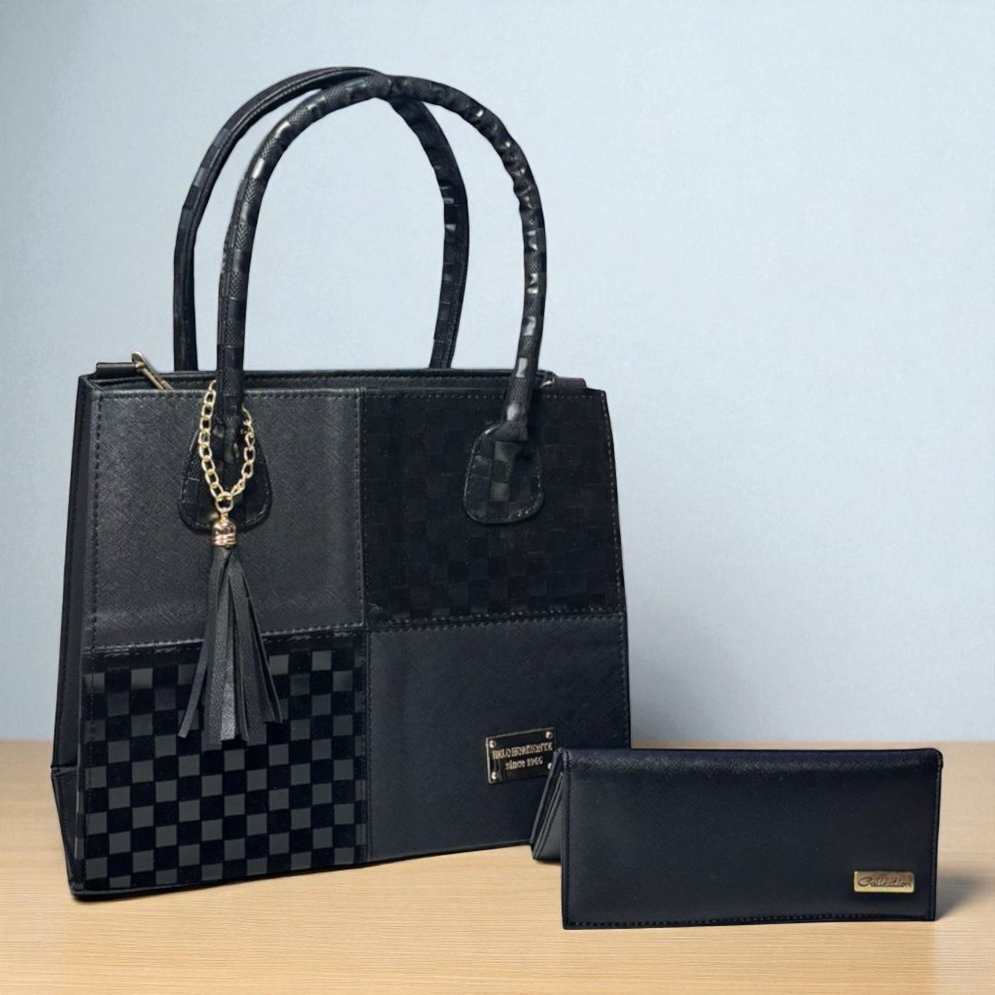 Bolsa dama BRENDA elegante blanca y negra patchwork cuadrícula moderna grande resistente hombro