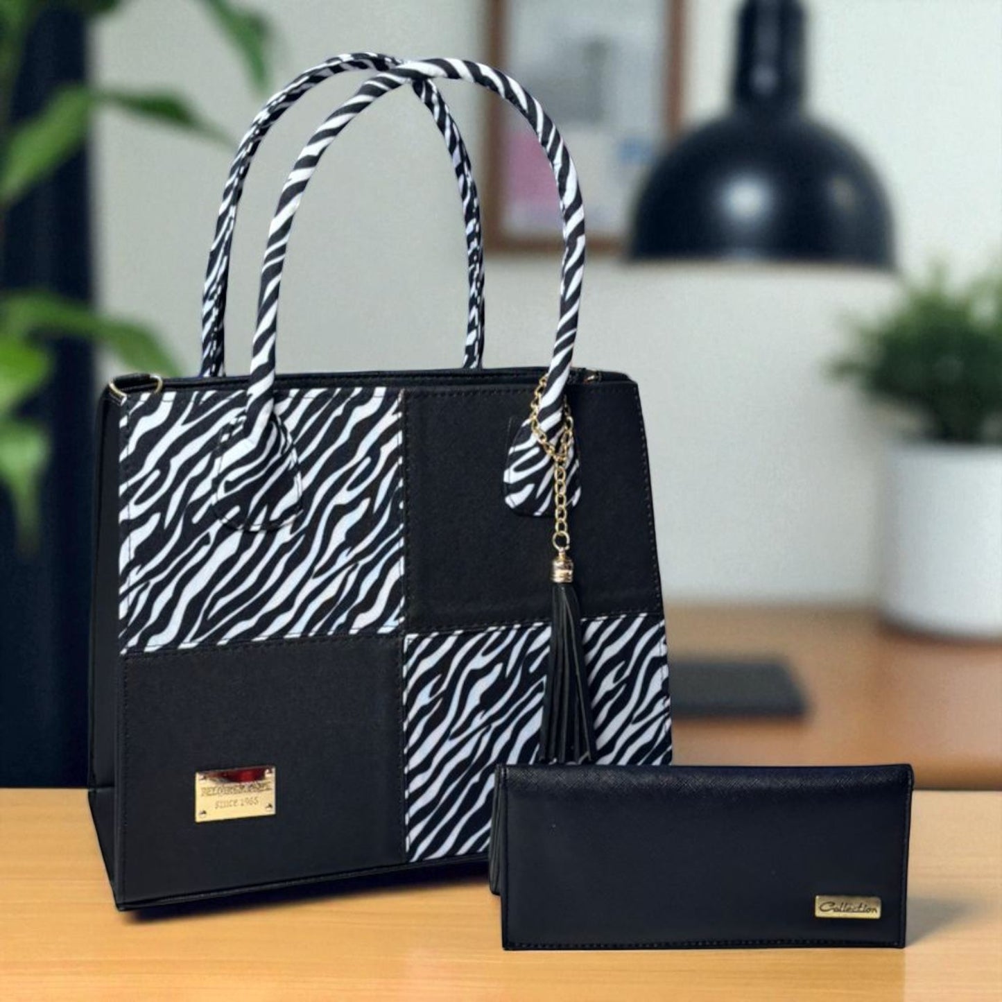 Bolsa dama BRENDA elegante blanca y negra patchwork cuadrícula moderna grande resistente hombro