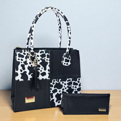 Bolsa dama BRENDA elegante blanca y negra patchwork cuadrícula moderna grande resistente hombro