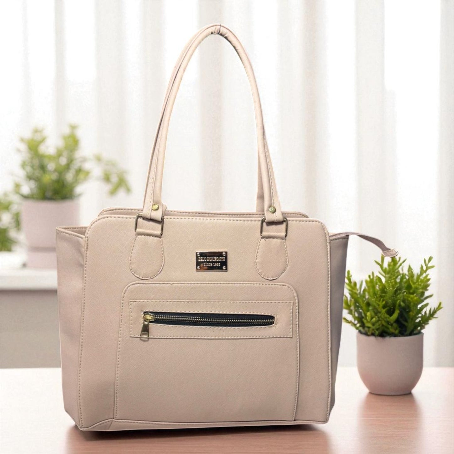 Bolsa de dama VERONICA beige elegante con cierre, amplia resistente moderna ideal regalo