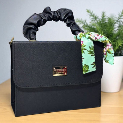 Bolsa negra MICHELLE  elegante de dama con pañuelo floral, moda casual y formal