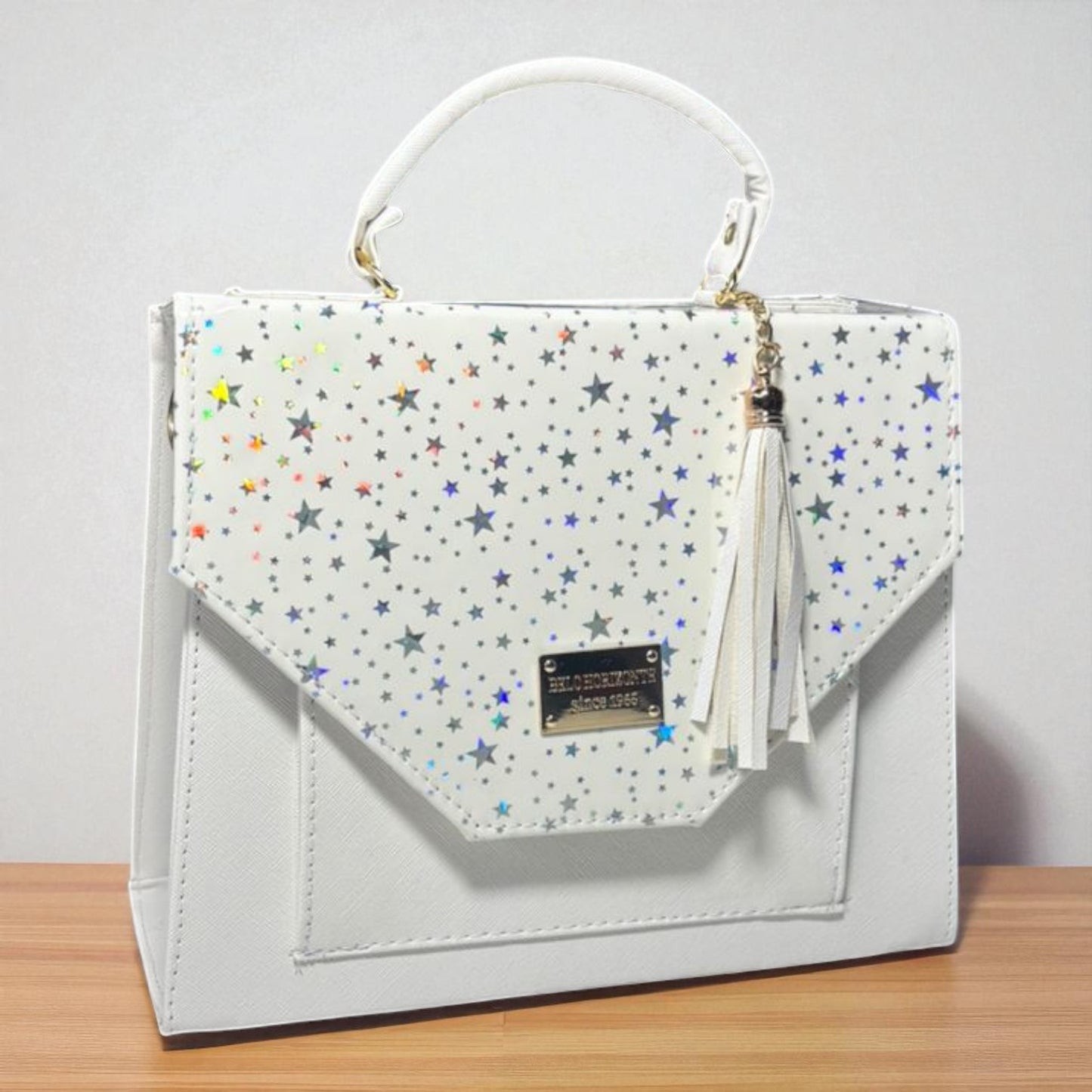 Bolsa blanca elegante de dama ANTONIA con estrellas holográficas moderna ideal para reventa