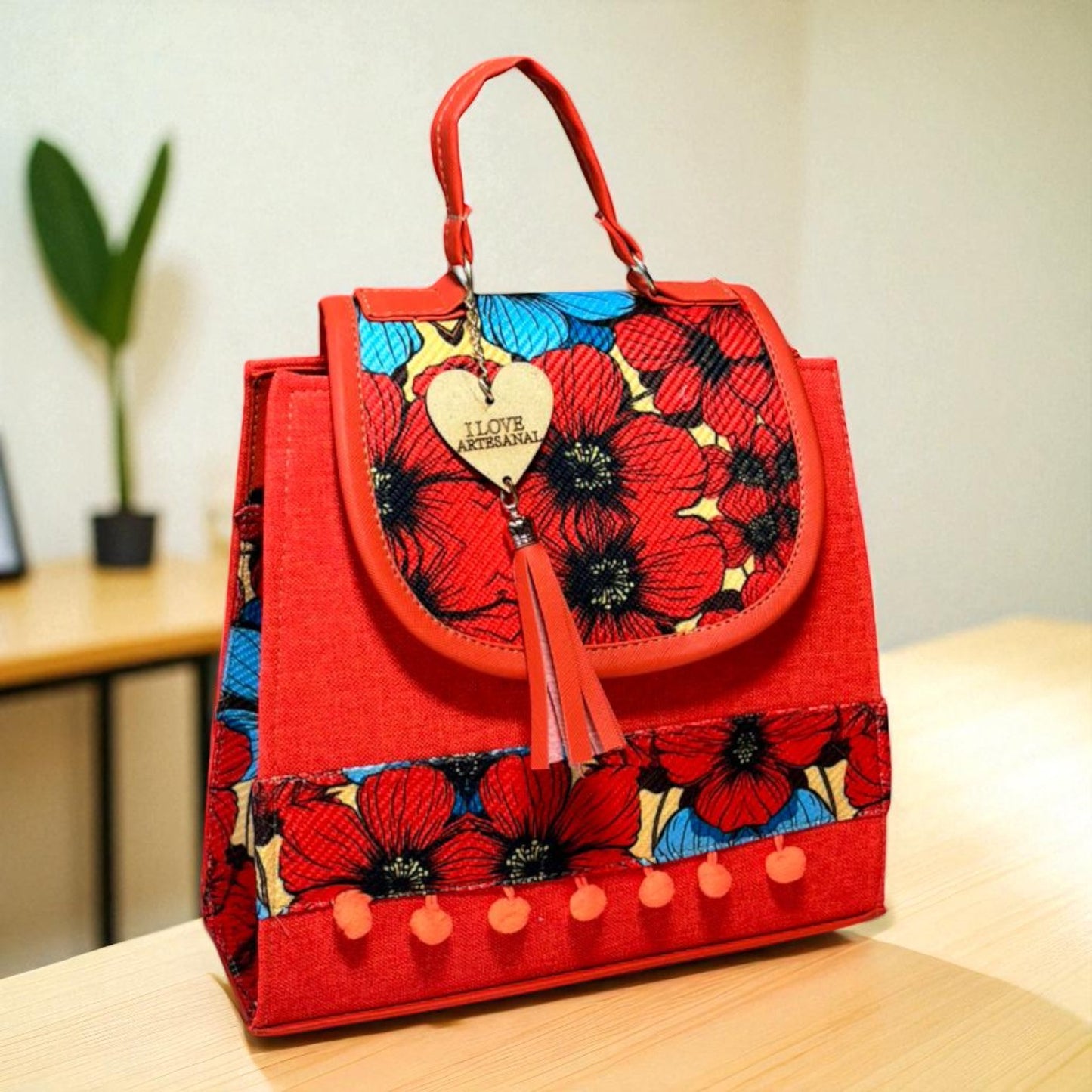 Bolsa mochila MAHANA  artesanal café con flores bordadas, elegante, colorida, grande, resistente y única