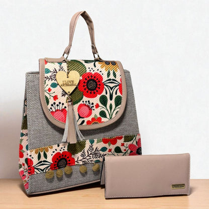 Bolsa mochila MAHANA  artesanal café con flores bordadas, elegante, colorida, grande, resistente y única