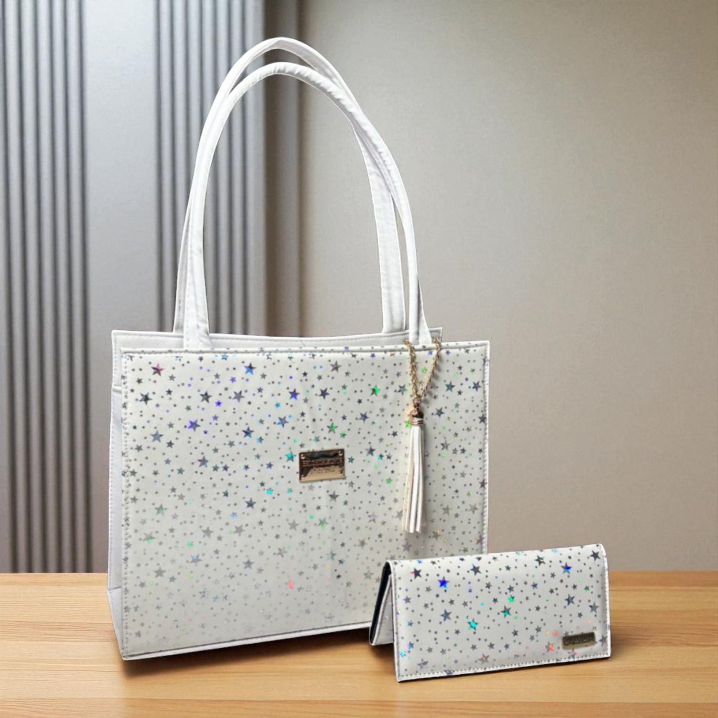 Bolsa blanca TITA elegante con estrellas holográficas, cartera a juego, ideal regalo