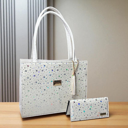 Bolsa blanca TITA elegante con estrellas holográficas, cartera a juego, ideal regalo