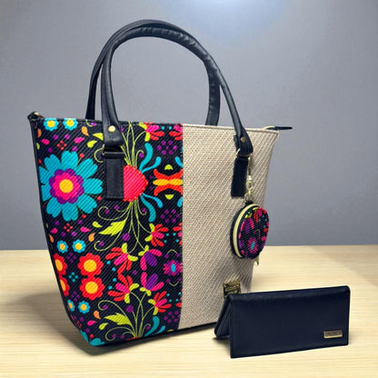 Bolsa artesanal ADELA grande flores coloridas con monedero incluido resistente y elegante