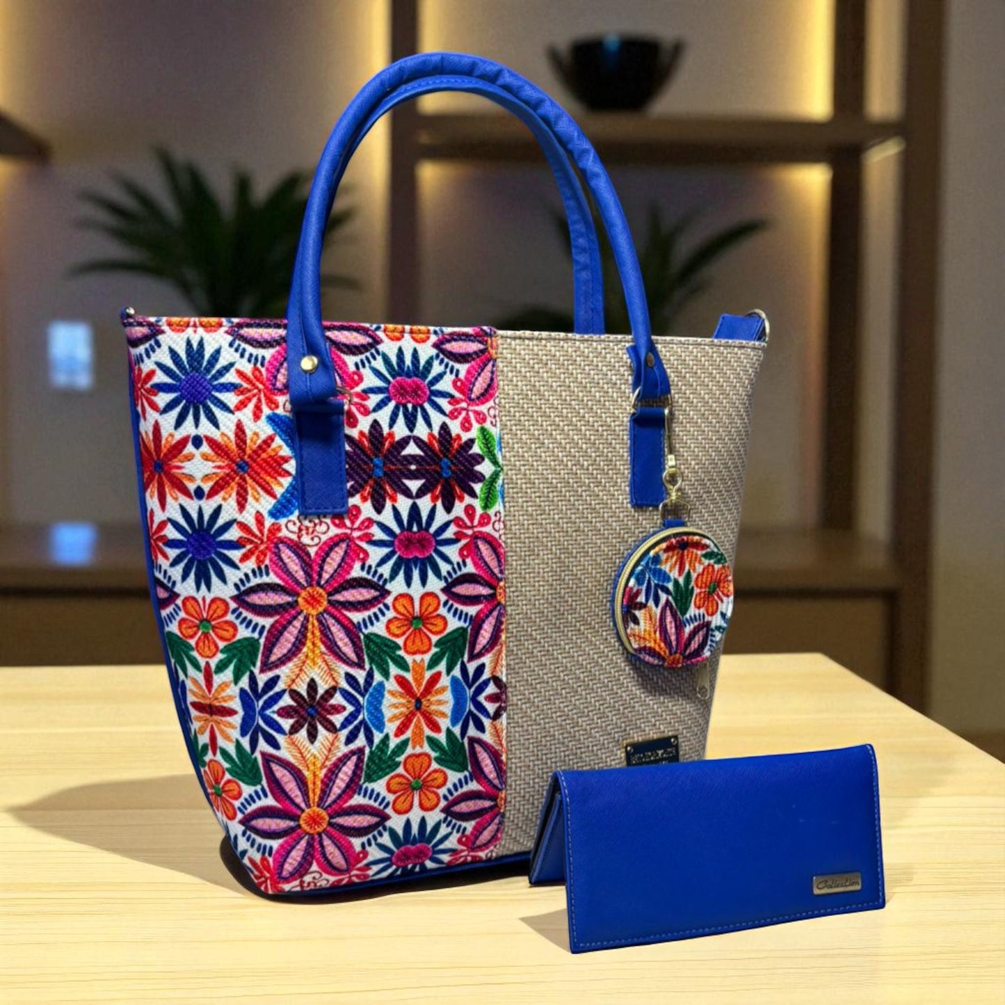 Bolsa artesanal ADELA grande flores coloridas con monedero incluido resistente y elegante
