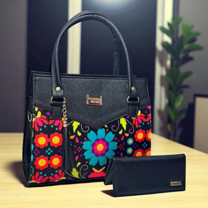 Bolsa artesanal CARMELITA negra con flores coloridas grandes, elegante, amplia e ideal revender