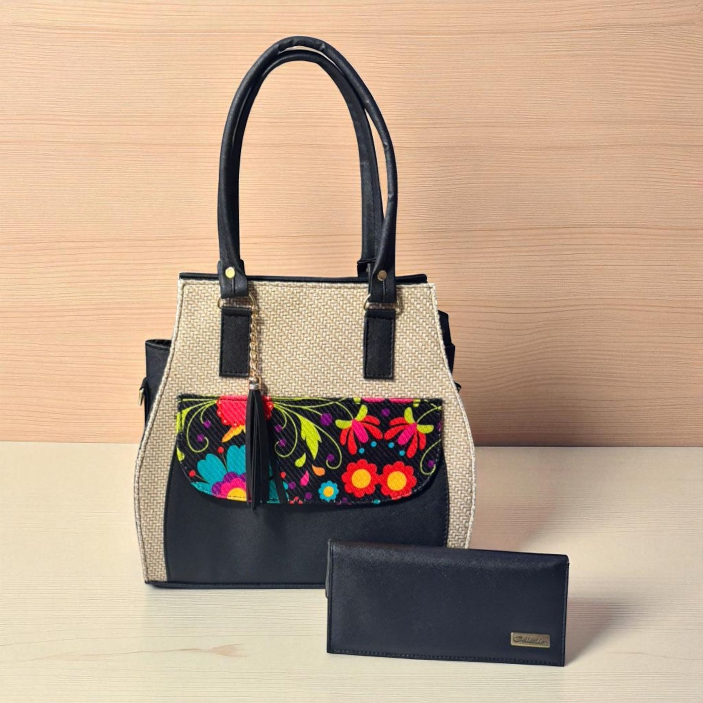 Bolsa artesanal LAURA negra con bordado colorido, elegante, amplia, resistente, ideal revender