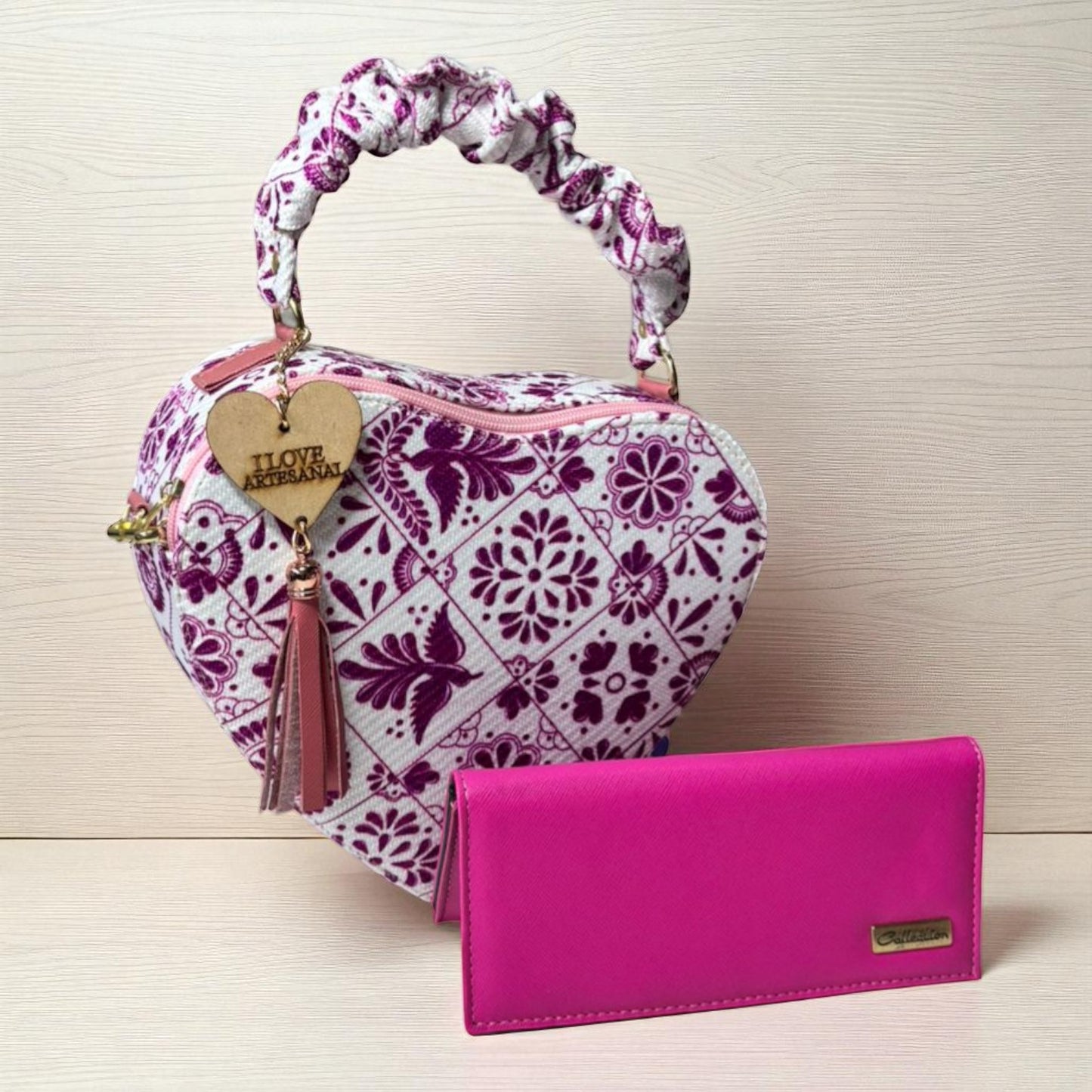 Bolsa corazón artesanal azul blanco mujer elegante moderna juvenil tendencia ideal regalo Erika