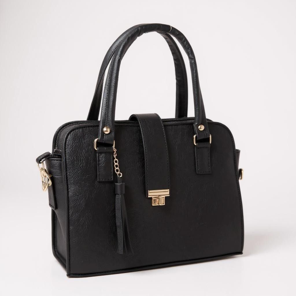 Bolsa JUANA elegante mujer cuero vegano negro con asas resistentes y cierre seguro