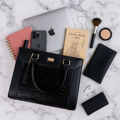 Bolsa de dama Catalina elegante lujo moderna grande cuero vegano premium negra