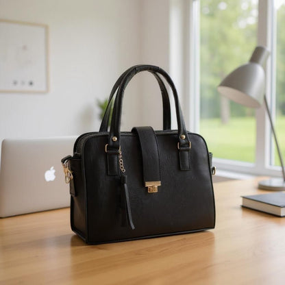 Bolsa JUANA elegante mujer cuero vegano negro con asas resistentes y cierre seguro