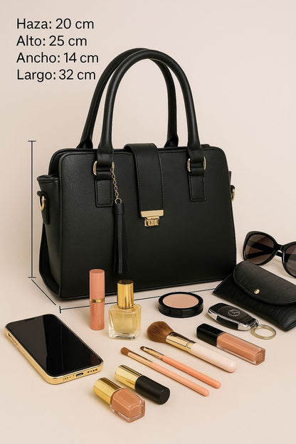 Bolsa JUANA elegante mujer cuero vegano negro con asas resistentes y cierre seguro