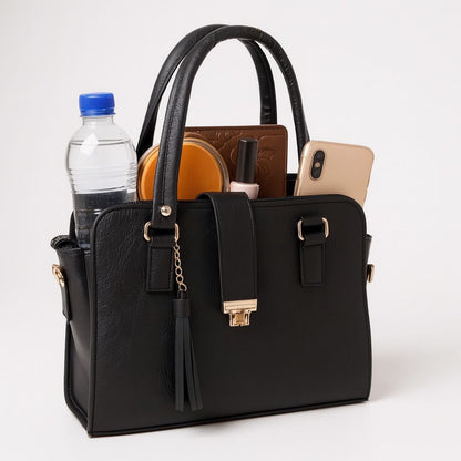 Bolsa JUANA elegante mujer cuero vegano negro con asas resistentes y cierre seguro