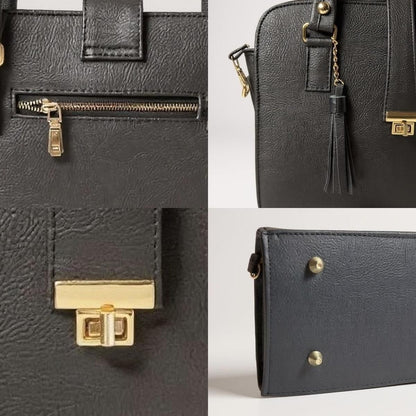 Bolsa JUANA elegante mujer cuero vegano negro con asas resistentes y cierre seguro