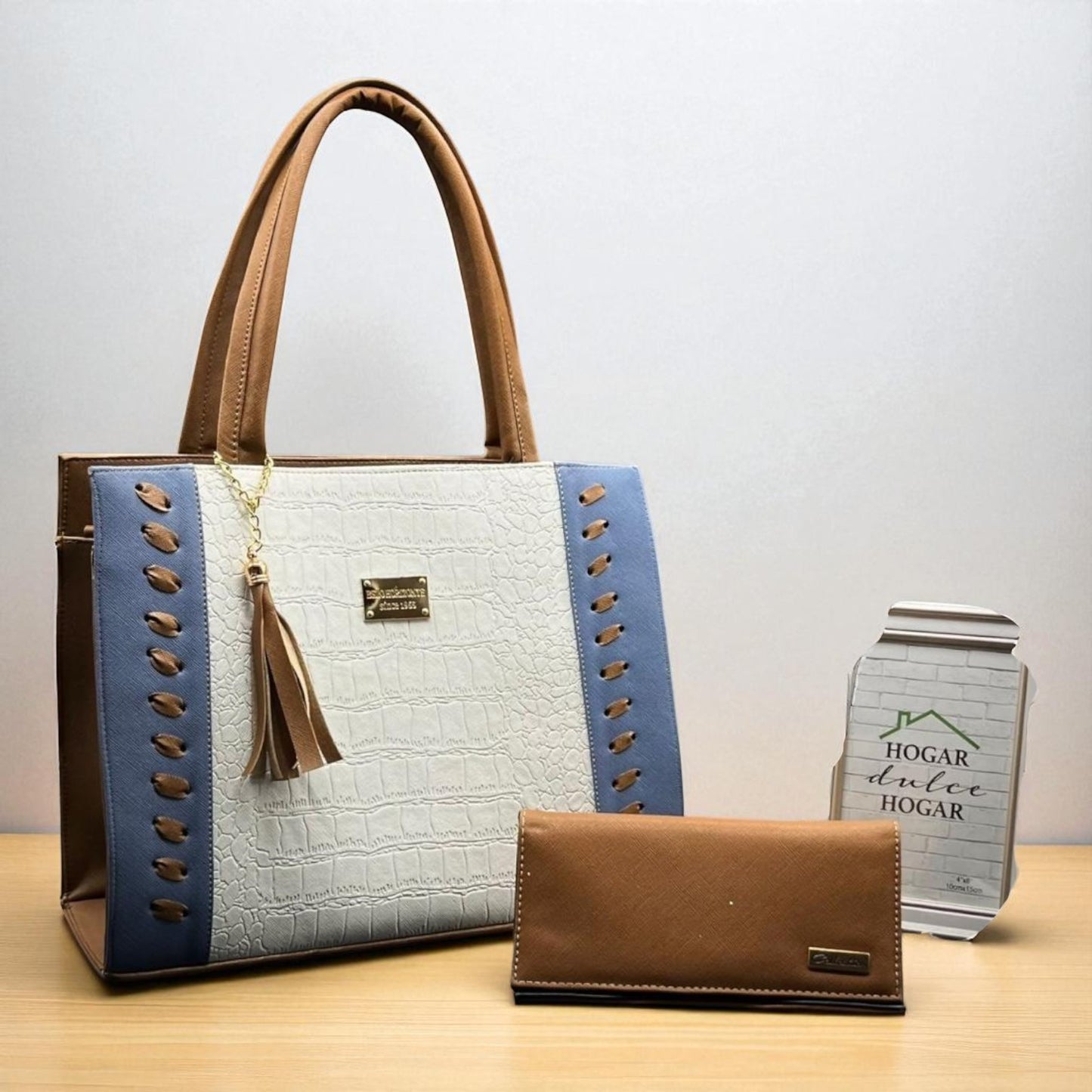 Bolsa FABIOLA elegante mujer diseño croco azul café blanco, ideal para revender