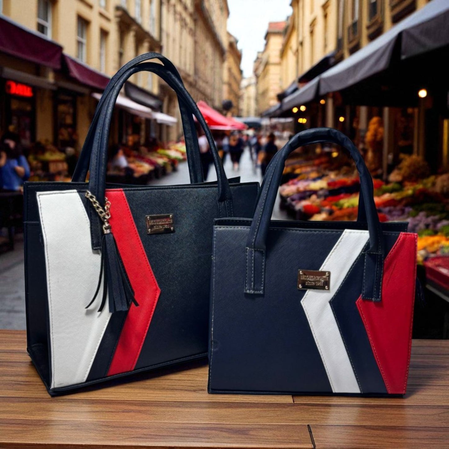 Dúo de bolsas sintéticas de alta calidad rojo blanco negro mamá hija