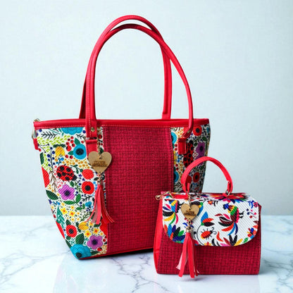 Dúo de bolsas sintéticas de alta calidad rojo blanco negro mamá hija