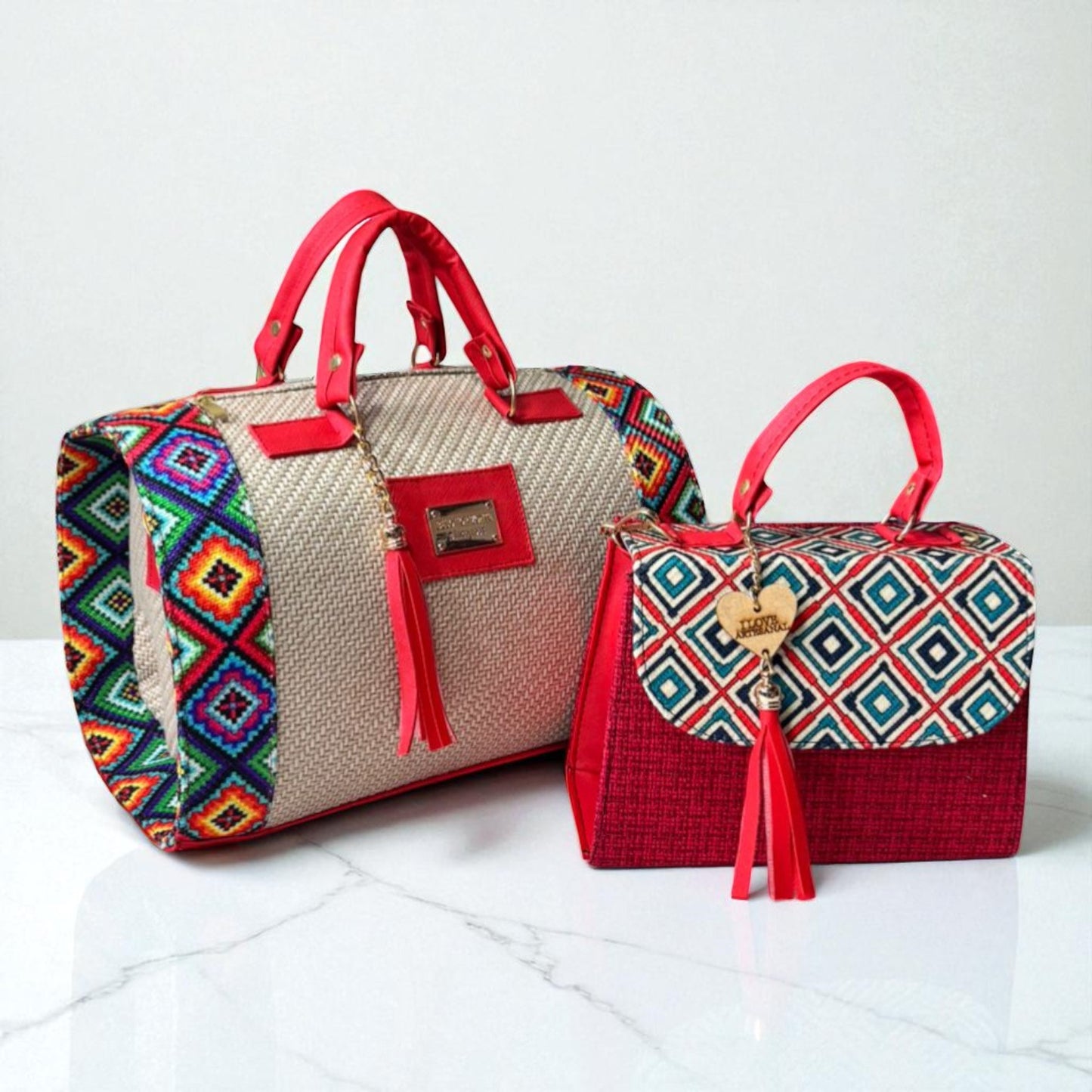 Dúo de bolsas sintéticas de alta calidad rojo blanco negro mamá hija