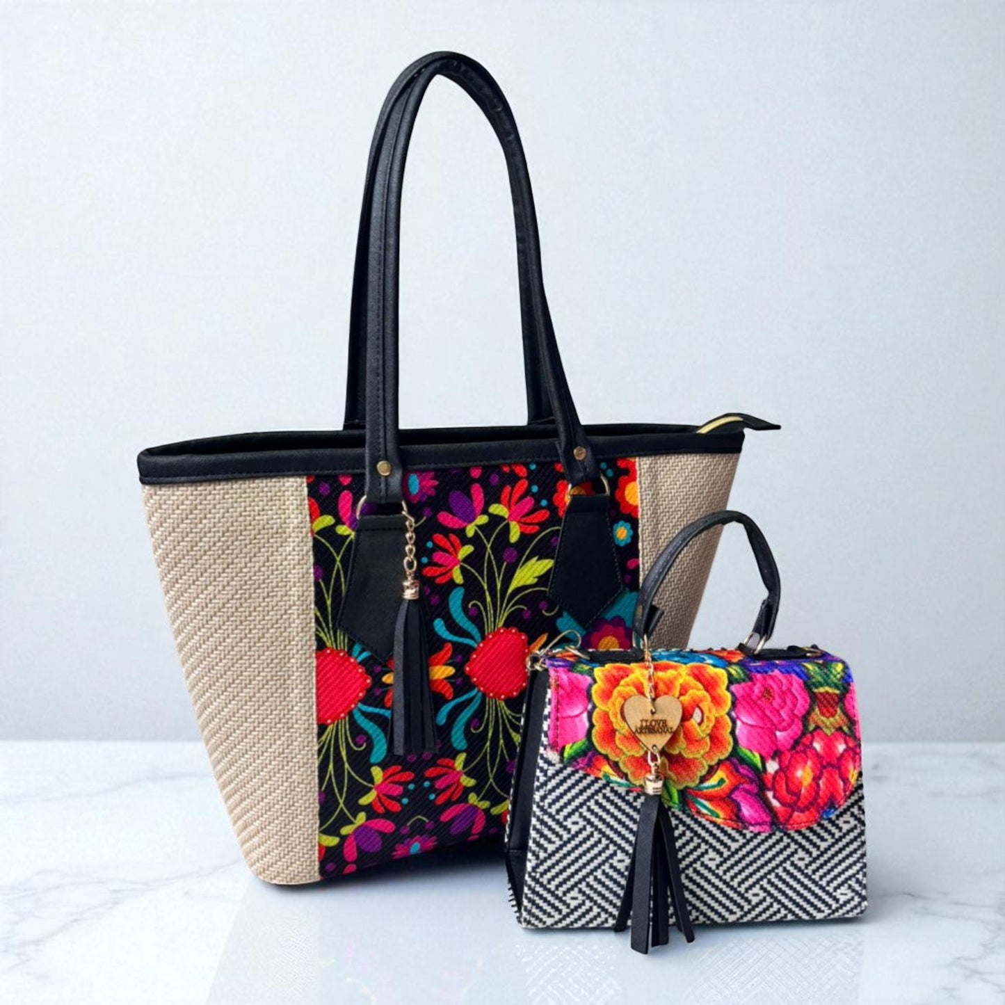 Dúo de bolsas sintéticas de alta calidad rojo blanco negro mamá hija