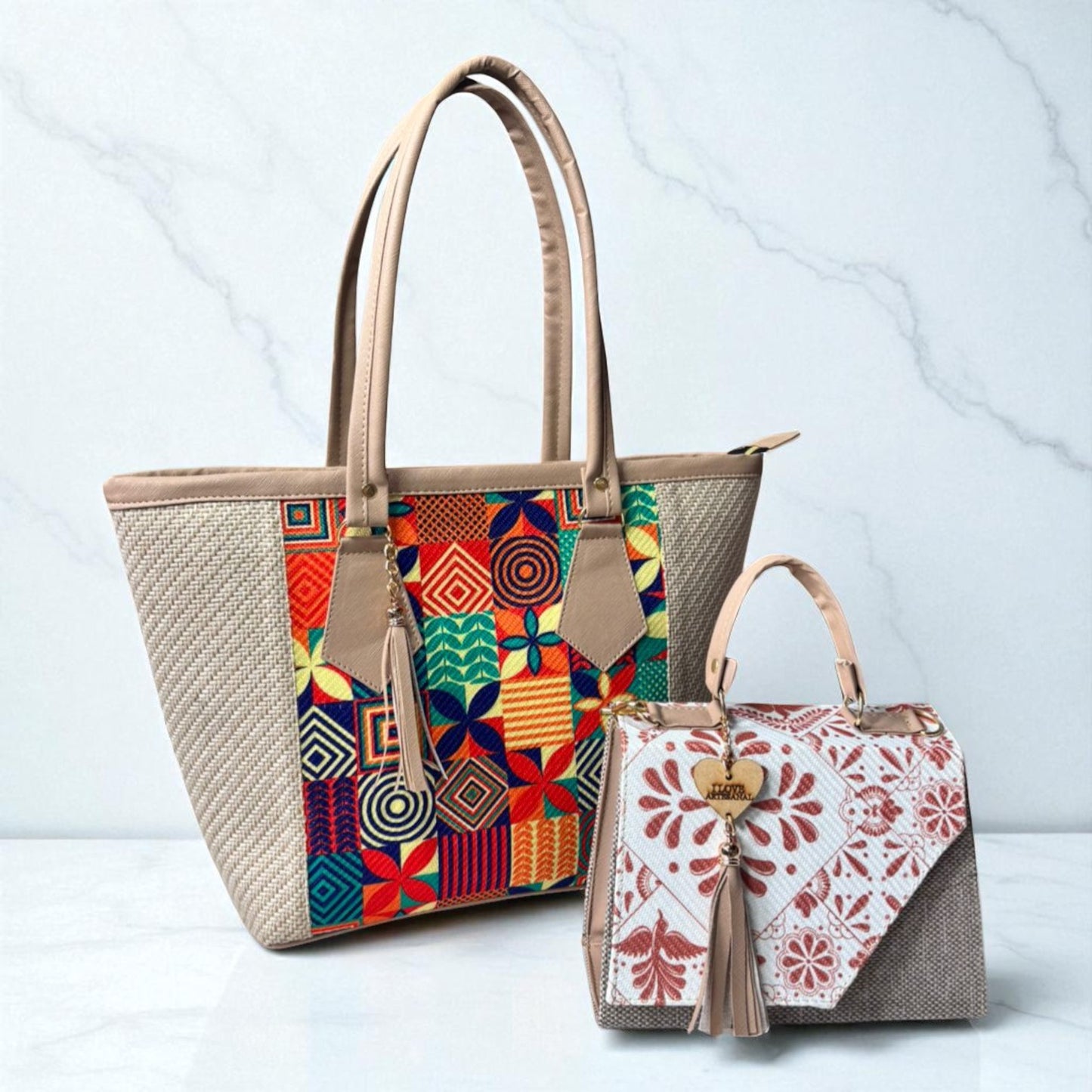 Dúo de bolsas sintéticas de alta calidad rojo blanco negro mamá hija