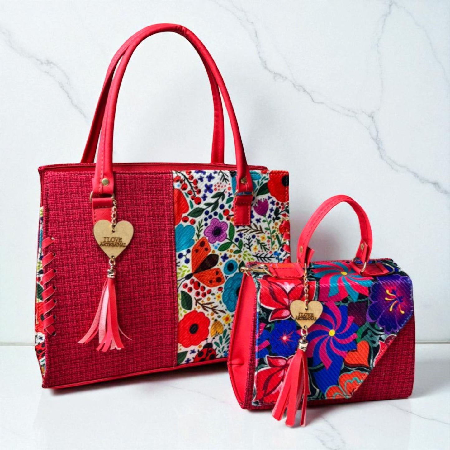 Dúo de bolsas sintéticas de alta calidad rojo blanco negro mamá hija