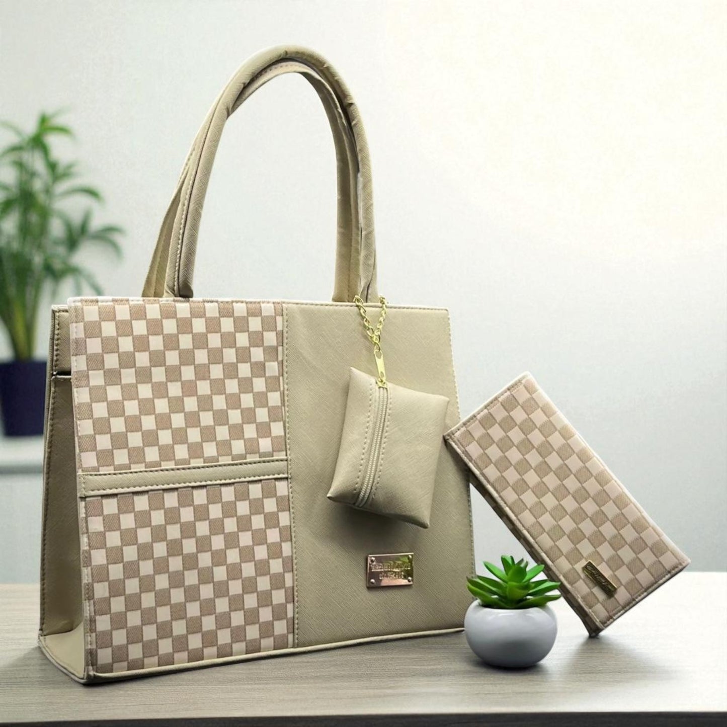 Bolsa de dama Lorena elegante moderna grande beige sintética alta calidad duradera